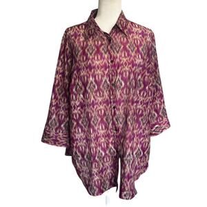 Lauren Ralph Lauren Women’s 1X Button-Down Shirt Purple Ikat Print Cotton Silk